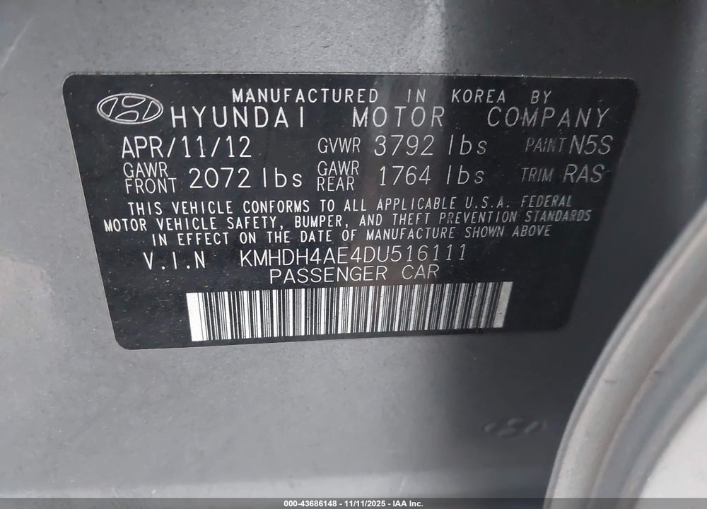 2013 HYUNDAI ELANTRA GLS/LIMITED VIN: KMHDH4AE4DU516111