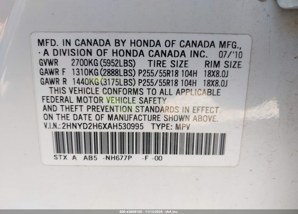 2010 ACURA MDX TECHNOLOGY PACKAGE VIN: 2HNYD2H6XAH530995