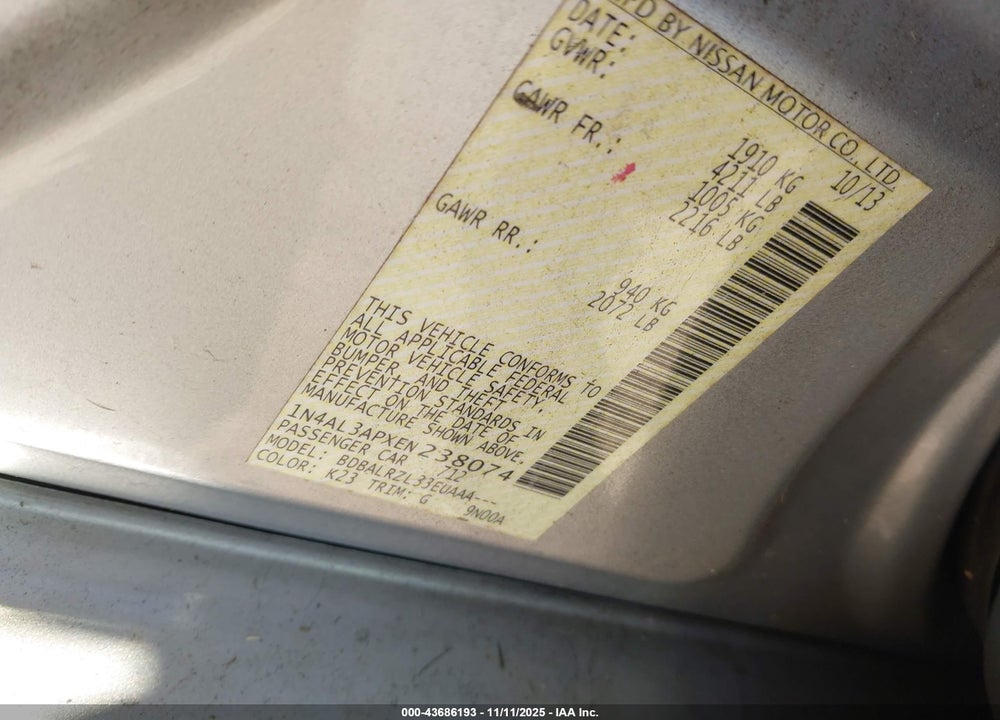 2014 NISSAN ALTIMA 2.5 S VIN: 1N4AL3APXEN238074