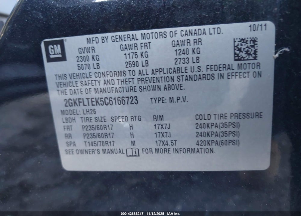2012 GMC TERRAIN SLE-2 VIN: 2GKFLTEK5C6166723