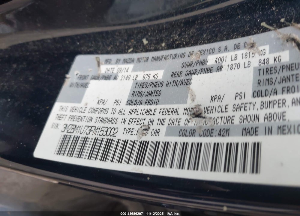 2015 MAZDA MAZDA3 VIN: 3MZBM1U73FM153002