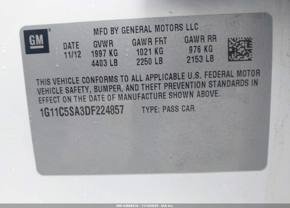 2013 CHEVROLET MALIBU 1LT VIN: 1G11C5SA3DF224857