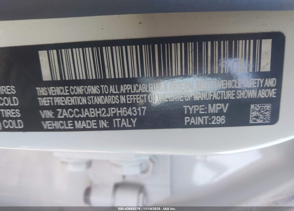 2018 JEEP RENEGADE LATITUDE FWD VIN: ZACCJABH2JPH64317