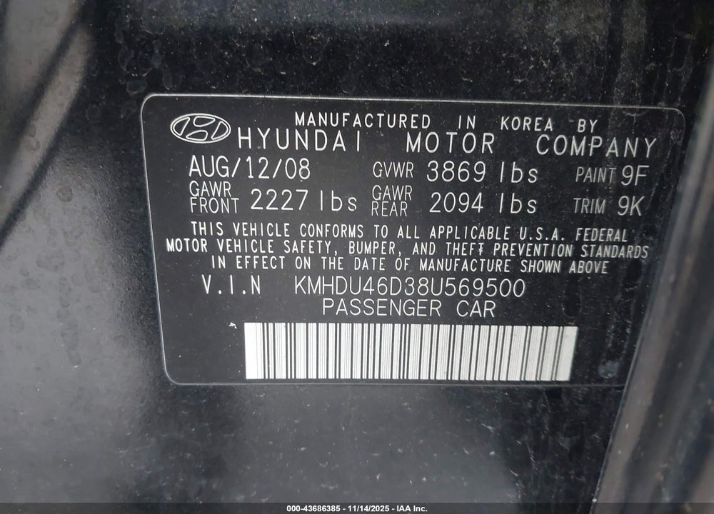 2008 HYUNDAI ELANTRA GLS/SE VIN: KMHDU46D38U569500