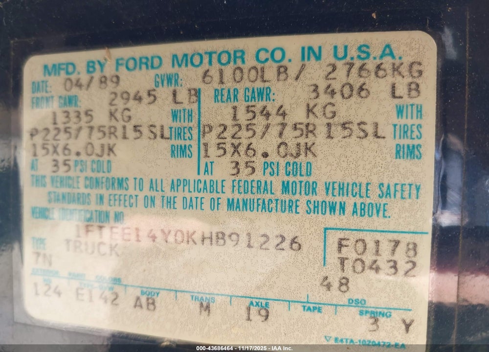 1989 FORD ECONOLINE E150 VAN VIN: 1FTEE14Y0KHB91226