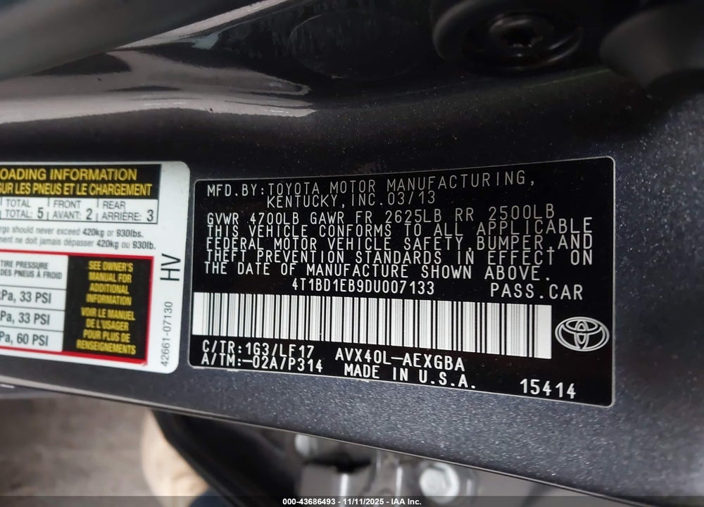 2013 TOYOTA AVALON HYBRID XLE PREMIUM VIN: 4T1BD1EB9DU007133
