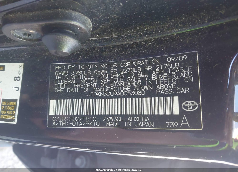 2010 TOYOTA PRIUS III VIN: JTDKN3DU9A0053080