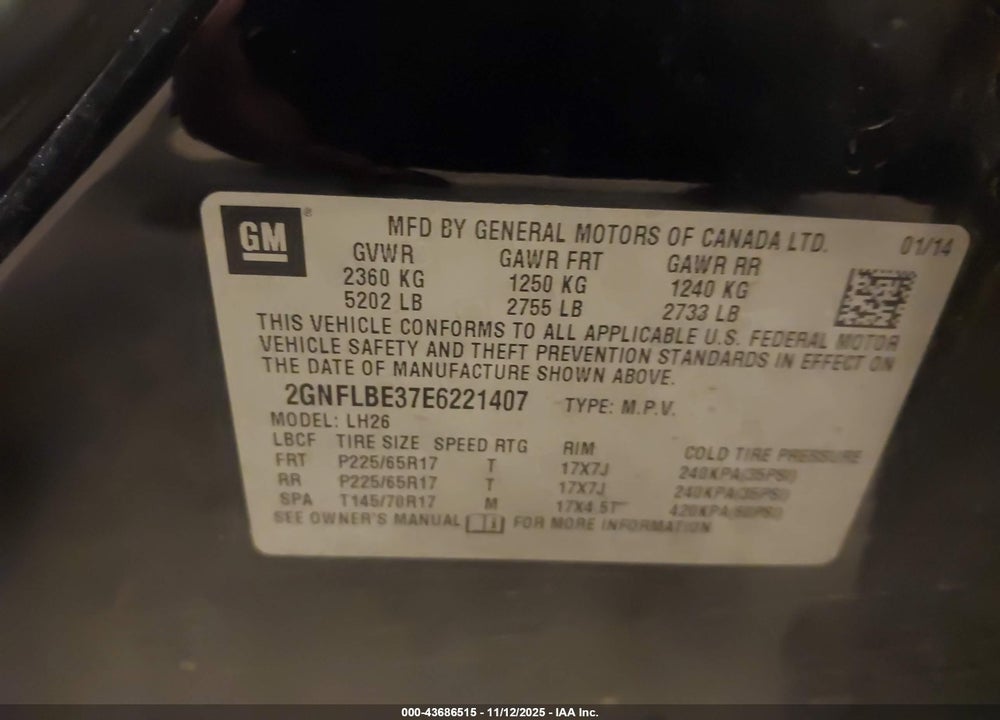 2014 CHEVROLET EQUINOX 1LT VIN: 2GNFLBE37E6221407