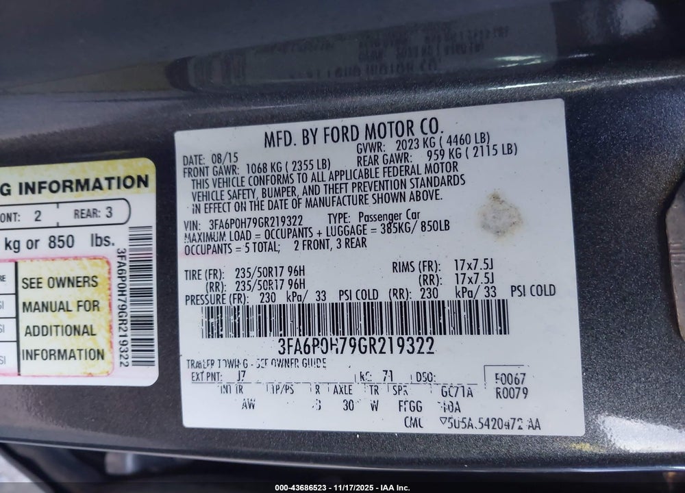 2016 FORD FUSION SE VIN: 3FA6P0H79GR219322
