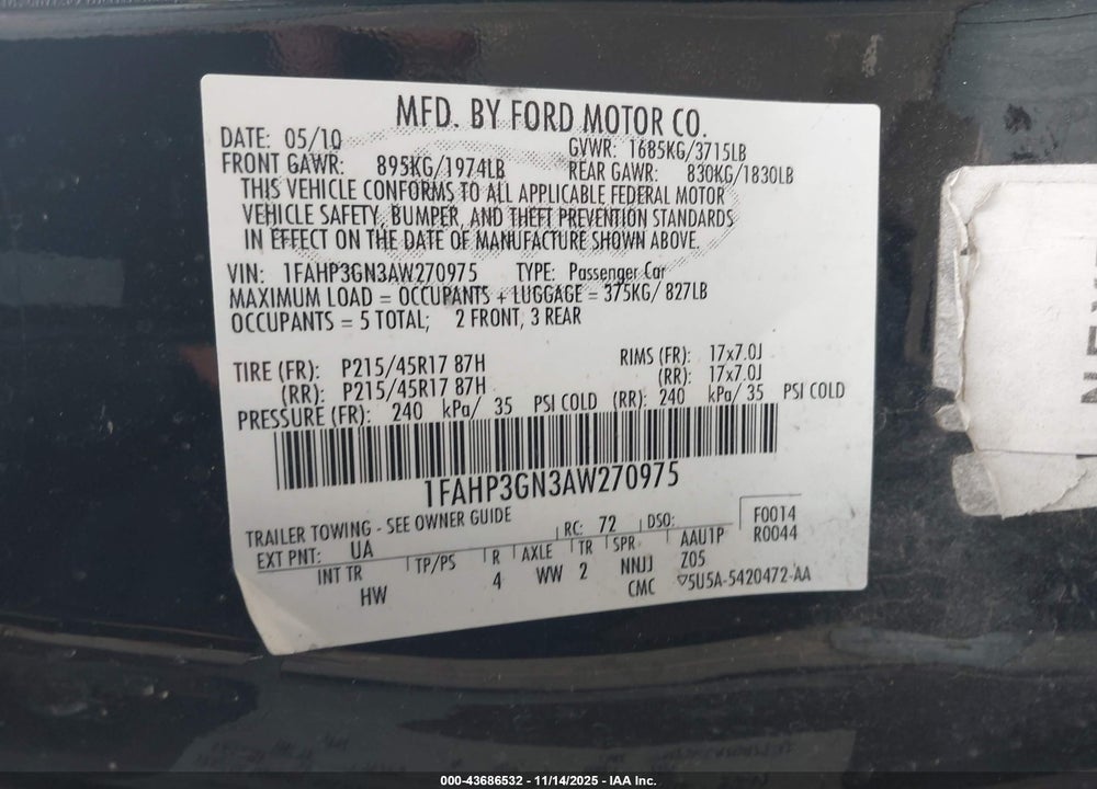 2010 FORD FOCUS SES VIN: 1FAHP3GN3AW270975