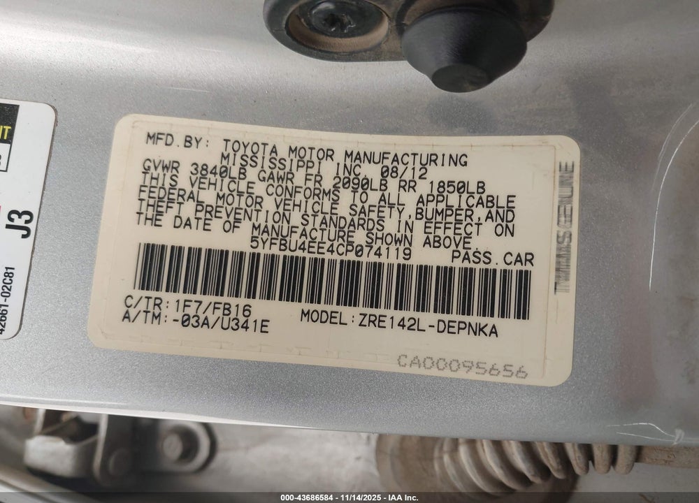 2012 TOYOTA COROLLA LE VIN: 5YFBU4EE4CP074119