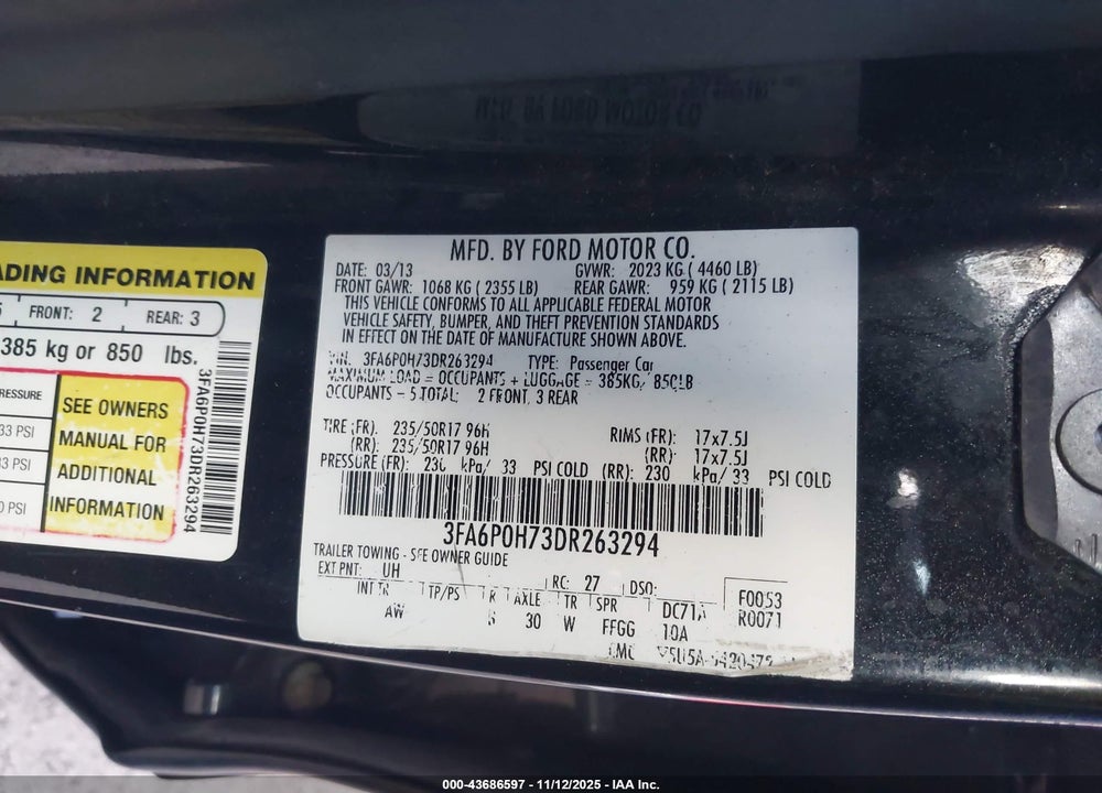 2013 FORD FUSION VIN: 3FA6P0H73DR263294