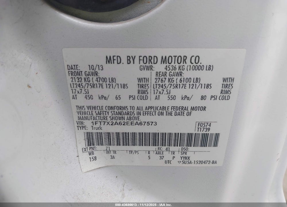 2014 FORD F-250 VIN: 1FT7X2A62EEA67573