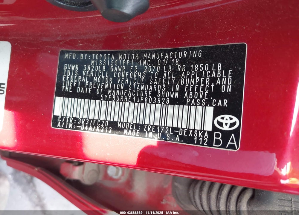 2018 TOYOTA COROLLA SE VIN: 5YFBURHE1JP803828