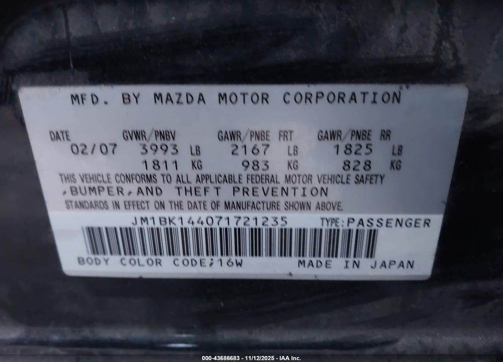 2007 MAZDA 3 S SPORT VIN: JM1BK144071721235