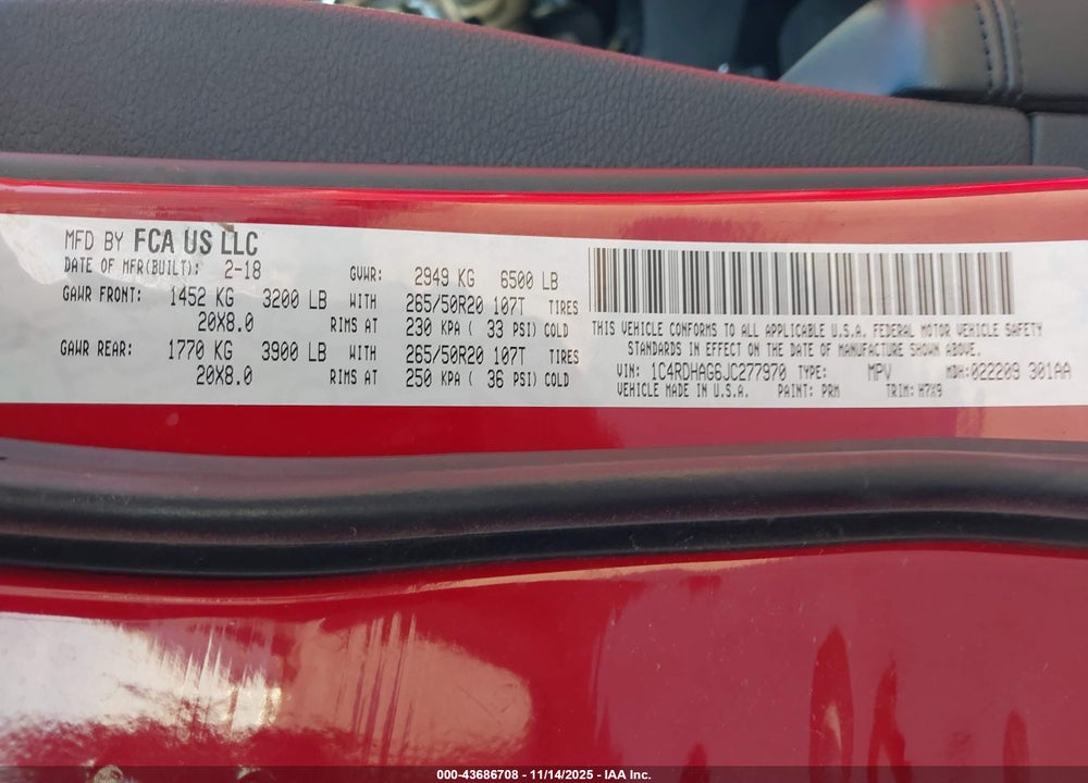2018 DODGE DURANGO SXT RWD VIN: 1C4RDHAG6JC277970