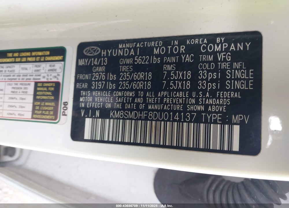 2013 HYUNDAI SANTA FE GLS VIN: KM8SMDHF8DU014137