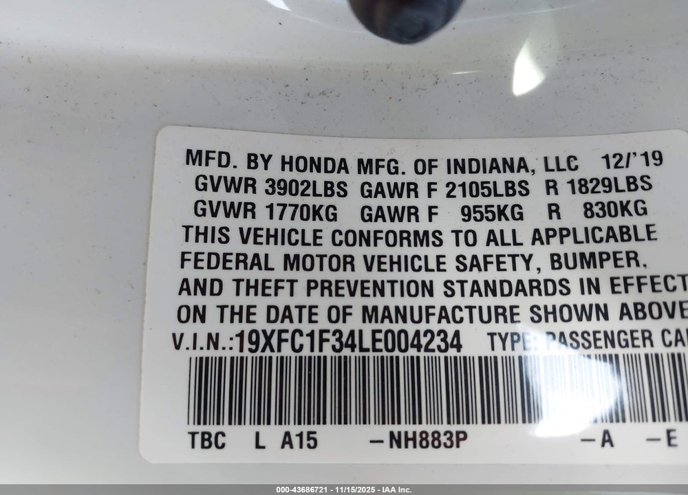 2020 HONDA CIVIC VIN: 19XFC1F34LE004234
