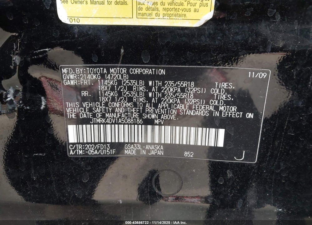 2010 TOYOTA RAV4 VIN: JTMRK4DV1A5088186