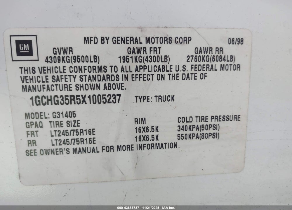 1999 CHEVROLET EXPRESS VIN: 1GCHG35R5X1005237