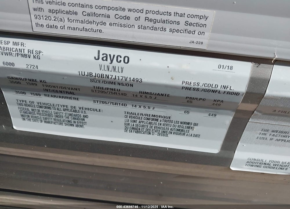 2018 JAYCO JAY FLIGHT SLX VIN: 1UJBJ0BN7J17V1493