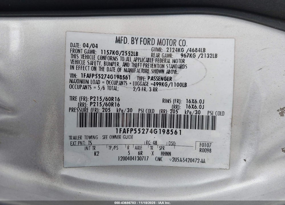 2004 FORD TAURUS SES VIN: 1FAFP55274G198561