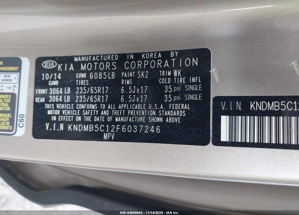 2015 KIA SEDONA LX VIN: KNDMB5C12F6037246