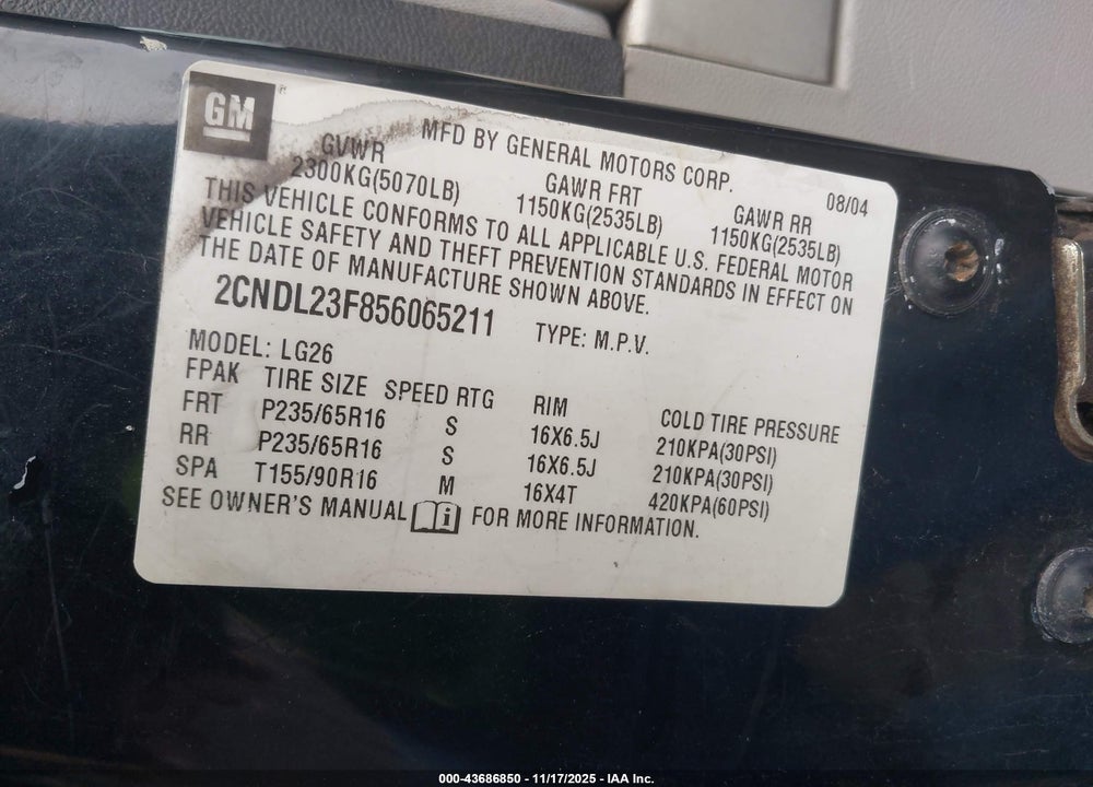 2005 CHEVROLET EQUINOX LS VIN: 2CNDL23F856065211