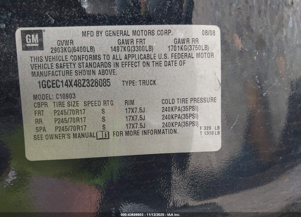 2008 CHEVROLET SILVERADO 1500 WORK TRUCK VIN: 1GCEC14X48Z328085