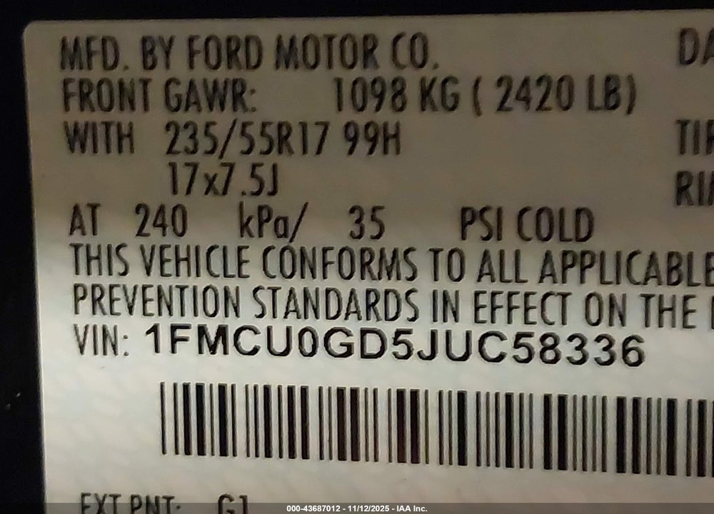 2018 FORD ESCAPE SE VIN: 1FMCU0GD5JUC58336