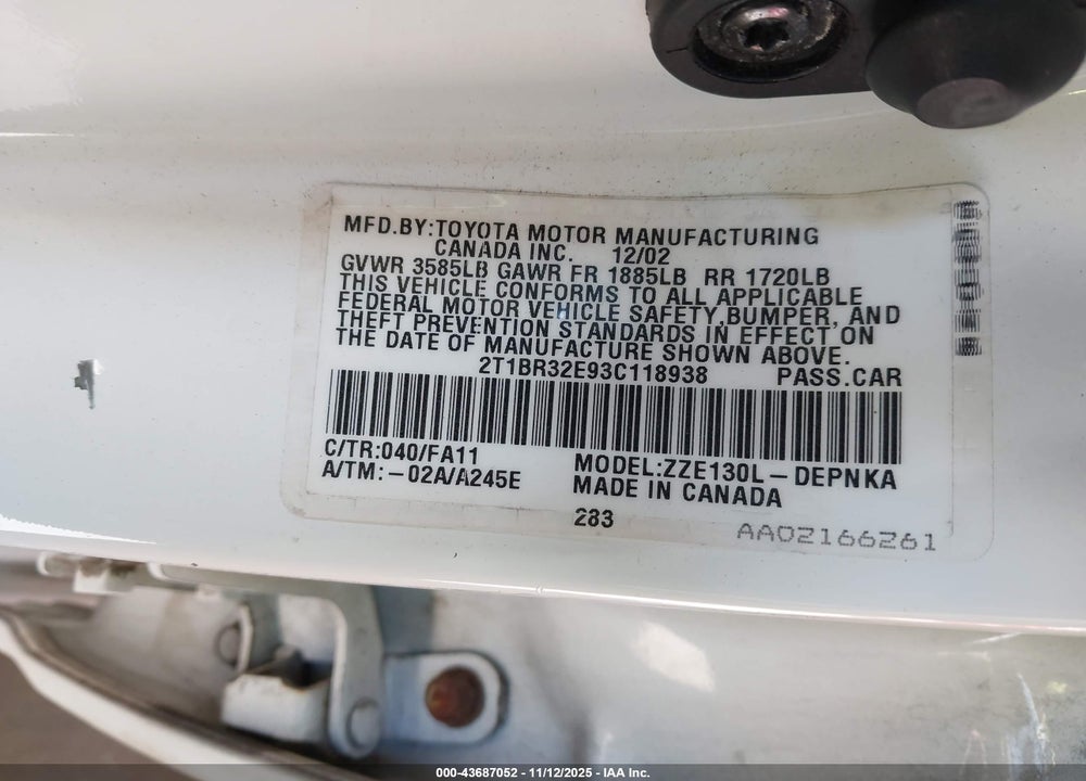 2003 TOYOTA COROLLA LE VIN: 2T1BR32E93C118938