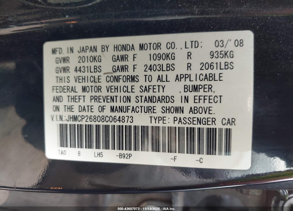 2008 HONDA ACCORD 2.4 EX-L VIN: JHMCP26808C064873