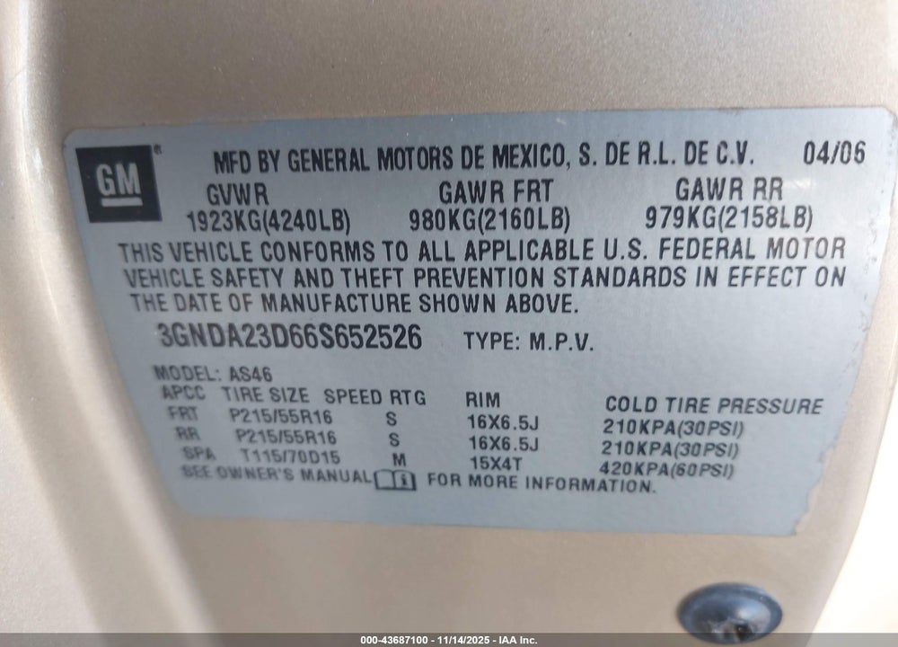 2006 CHEVROLET HHR LT VIN: 3GNDA23D66S652526