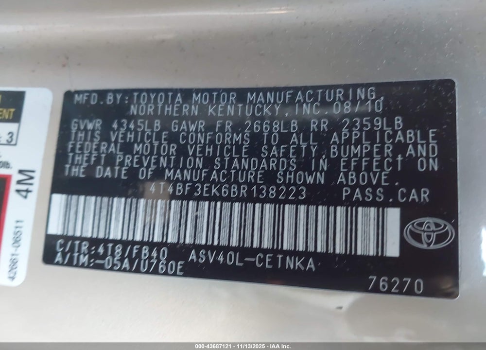 2011 TOYOTA CAMRY LE VIN: 4T4BF3EK6BR138223