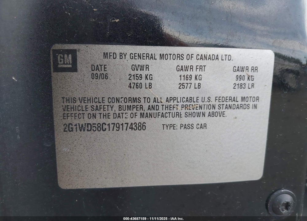 2007 CHEVROLET IMPALA VIN: 2G1WD58C179174386