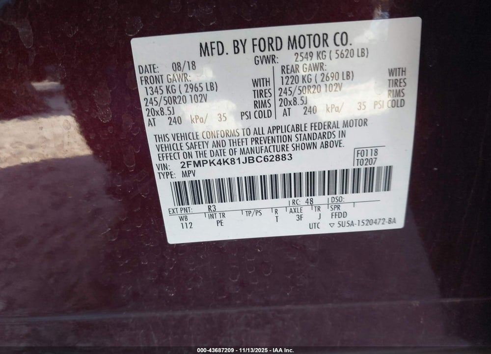 2018 FORD EDGE VIN: 2FMPK4K81JBC62883