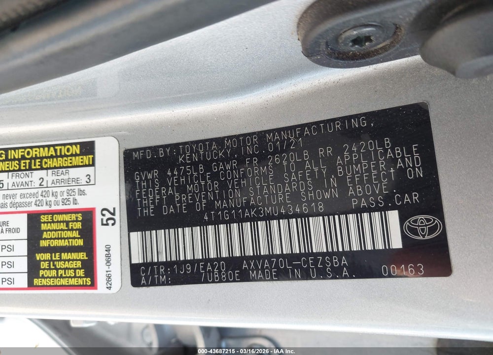 2021 TOYOTA CAMRY SE VIN: 4T1G11AK3MU434618