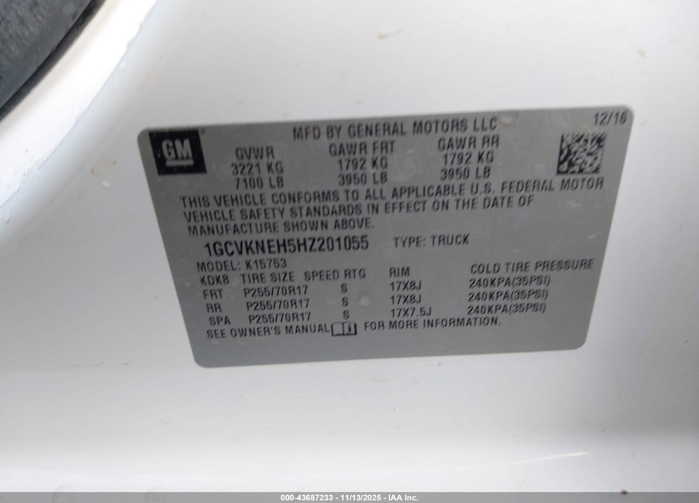 2017 CHEVROLET SILVERADO 1500 WT VIN: 1GCVKNEH5HZ201055