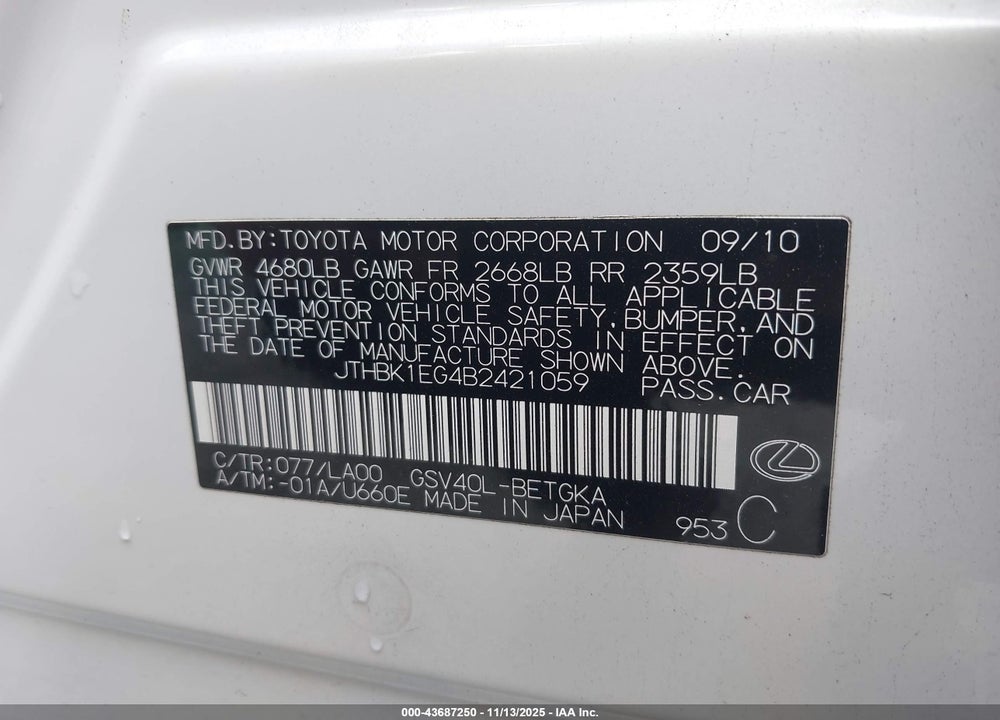 2011 LEXUS ES 350 VIN: JTHBK1EG4B2421059