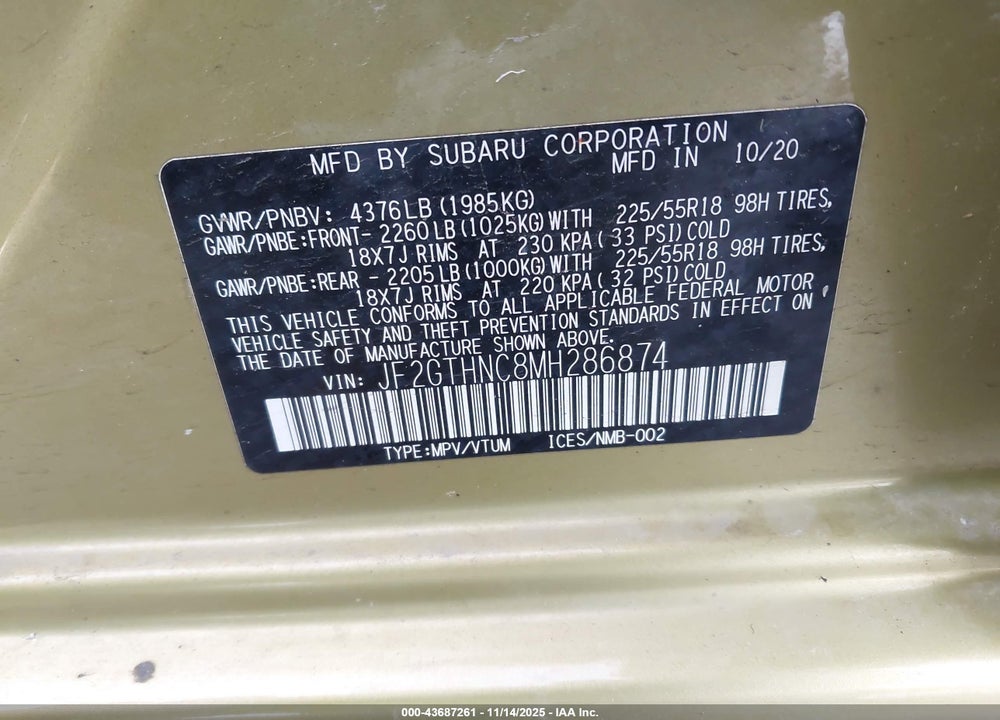 2021 SUBARU CROSSTREK LIMITED VIN: JF2GTHNC8MH286874