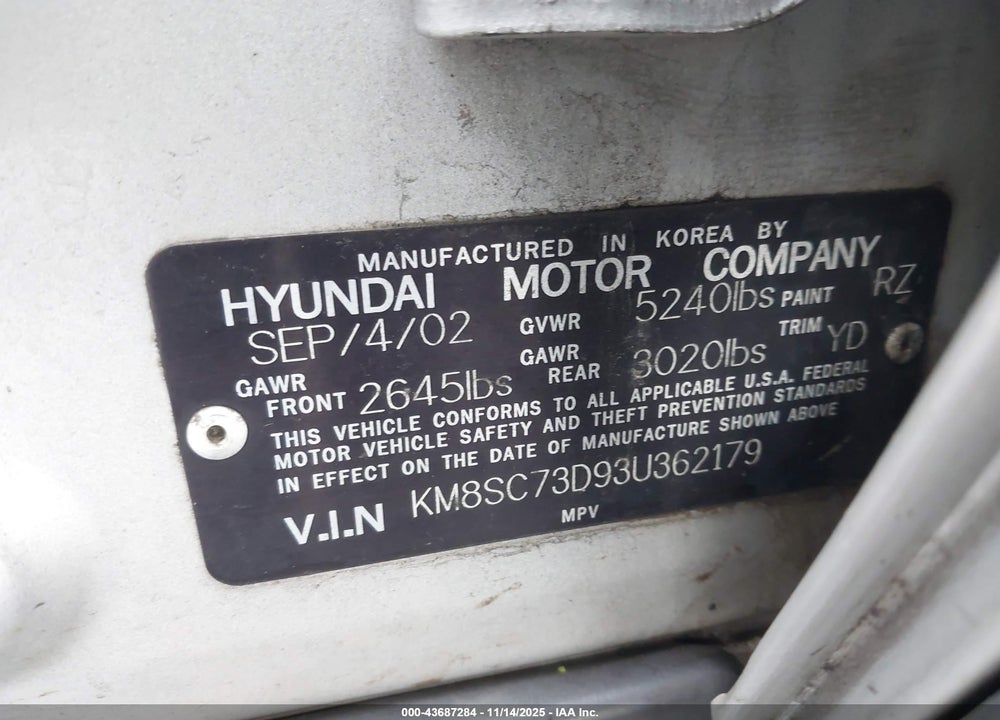 2003 HYUNDAI SANTA FE VIN: KM8SC73D93U362179