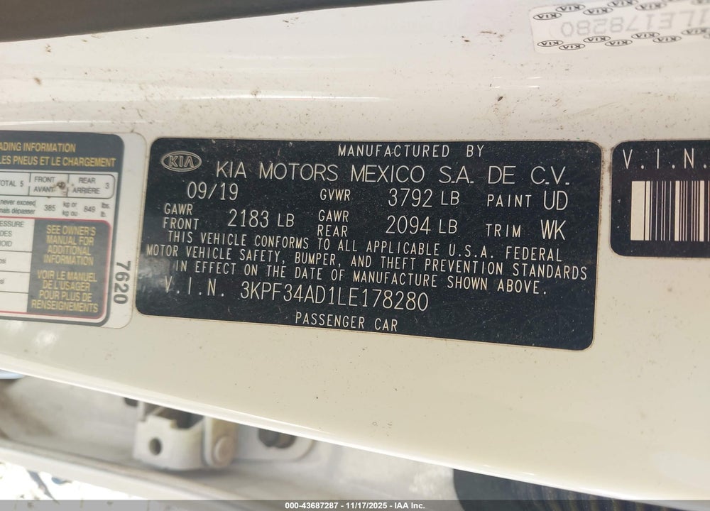 2020 KIA FORTE GT LINE VIN: 3KPF34AD1LE178280