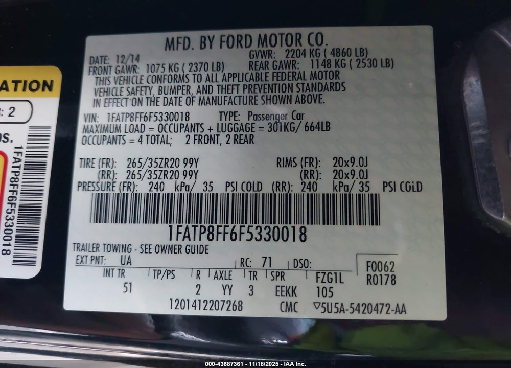 2015 FORD MUSTANG GT PREMIUM VIN: 1FATP8FF6F5330018