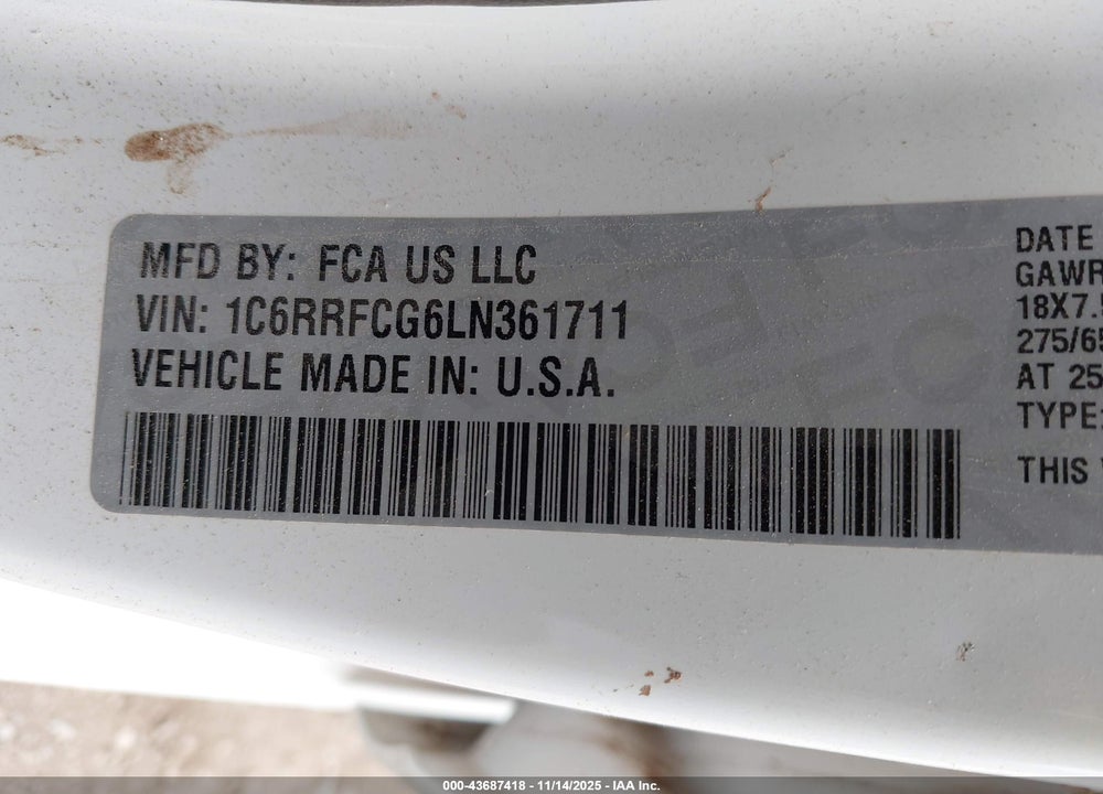 2020 RAM 1500 TRADESMAN 4X4 6'4 BOX VIN: 1C6RRFCG6LN361711