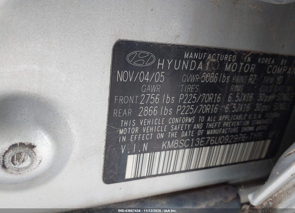2006 HYUNDAI SANTA FE VIN: KM8SC13E76U092976