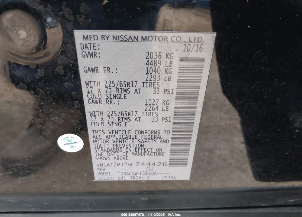 2017 NISSAN ROGUE SV VIN: 5N1AT2MT2HC744426