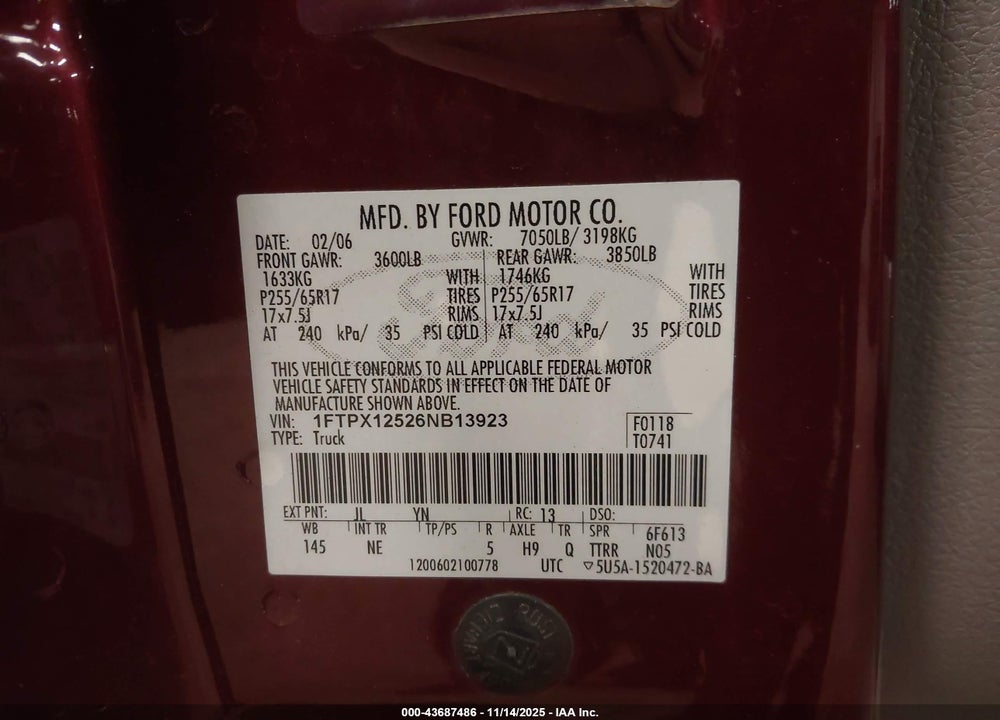 2006 FORD F-150 VIN: 1FTPX12526NB13923
