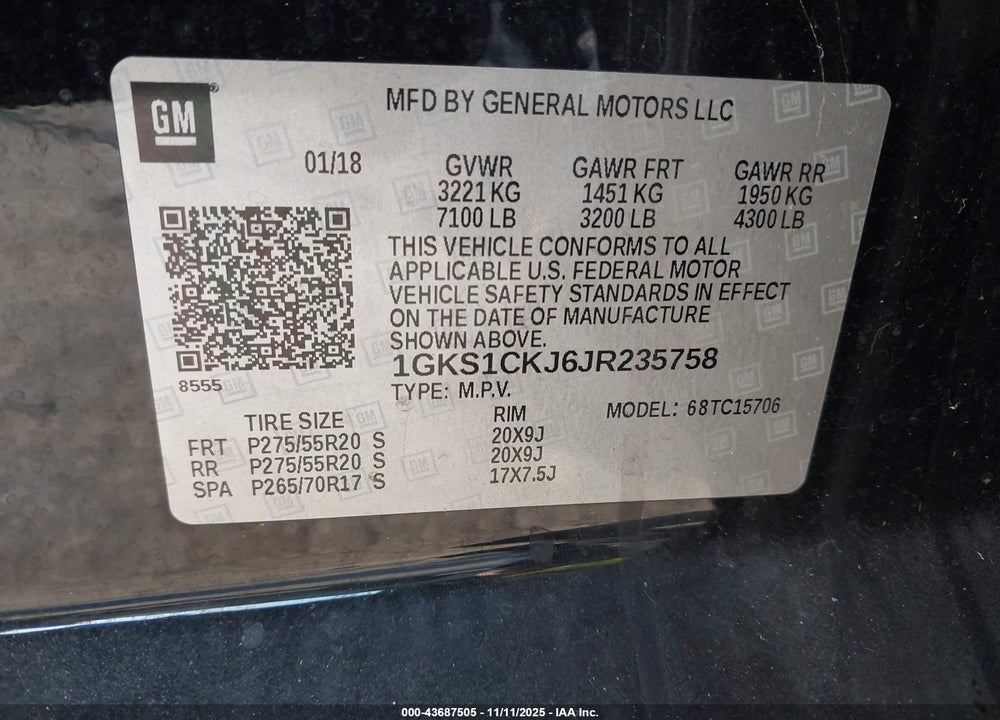 2018 GMC YUKON DENALI VIN: 1GKS1CKJ6JR235758