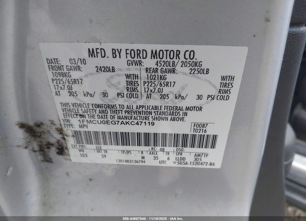 2010 FORD ESCAPE VIN: 1FMCU0EG7AKC47119