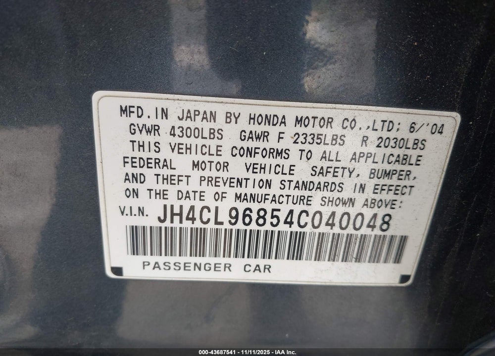 2004 ACURA TSX VIN: JH4CL96854C040048